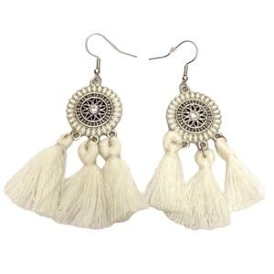 White Round Tassel Drop Earrings